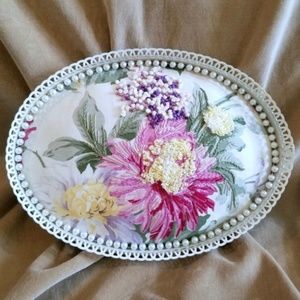 Hand Embroidered Vintage Floral Fabric Roses Housed inside an Antique Tray